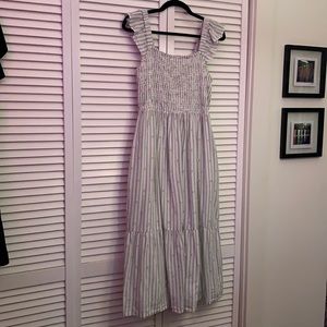LOFT smocked top stripe & dot tiered midi dress size M